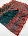 Symmetrical Rama Ajrakh Printed Soft Silk Saree With Glowing Blouse Piece