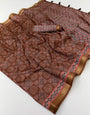 Staggering Brown Ajrakh Printed Soft Silk Saree With Sempiternal Blouse Piece