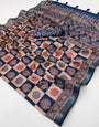 Resonant Beige and Blue Ajrakh Printed Soft Silk Saree With Exceptional Blouse Piece