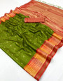 Seraphic Green Pure Zari Weaving Banarasi Tussar Silk Saree With Elaborate Blouse Piece