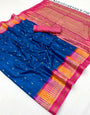 Dulcet Navy Blue Pure Zari Weaving Banarasi Tussar Silk Saree With Engrossing Blouse Piece