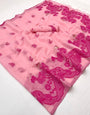Twirling Pink Jamdani Cotton Silk Saree With Embellished Blouse Piece