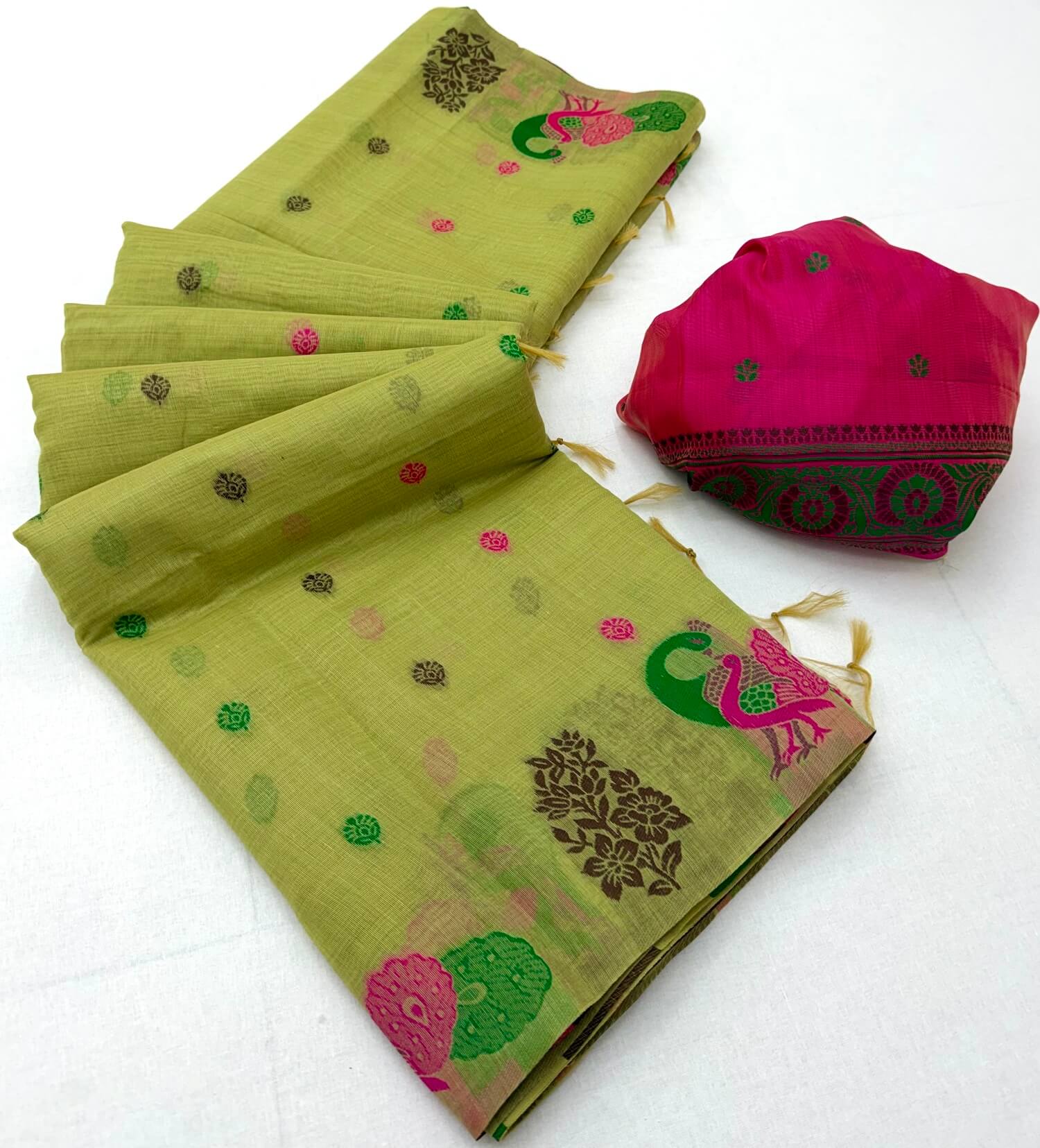 Improbable Green Pure Munga Cotton Silk Saree With Petrichor Blouse Pi ...