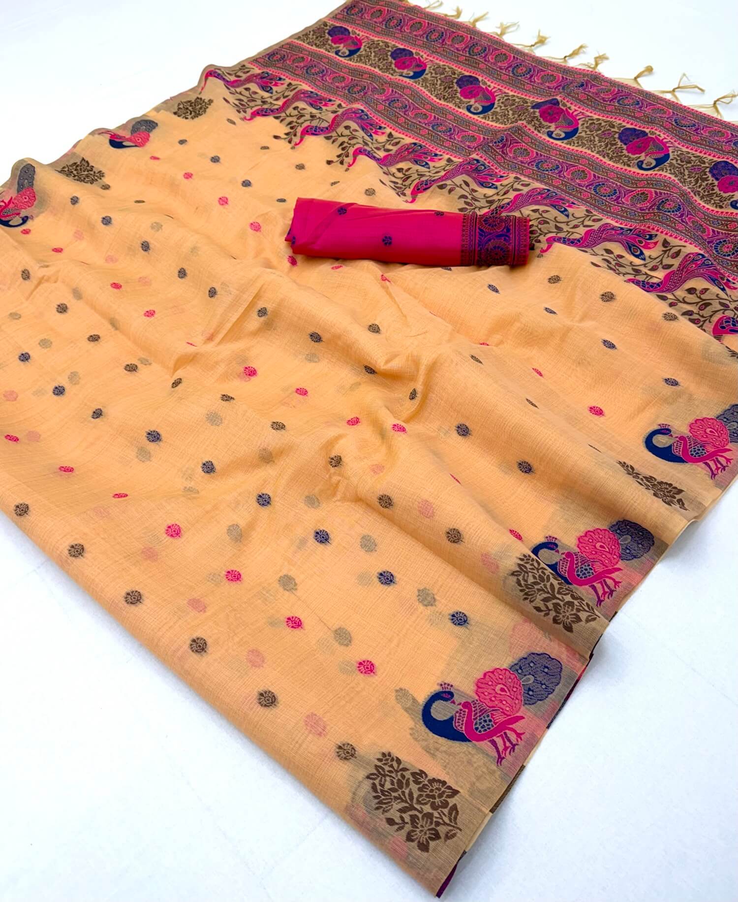 Nemesis Peach Pure Munga Cotton Silk Saree With Prominent Blouse Piece ...