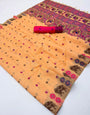 Glowing Peach Pure Munga Cotton Silk Saree With Charismatic Blouse Piece