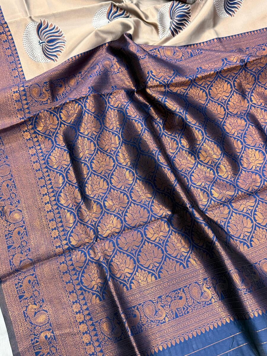 Invaluable Beige and Blue Soft Silk Saree With Scrumptious Blouse Piece