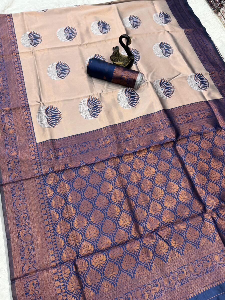 Invaluable Beige and Blue Soft Silk Saree With Scrumptious Blouse Piece