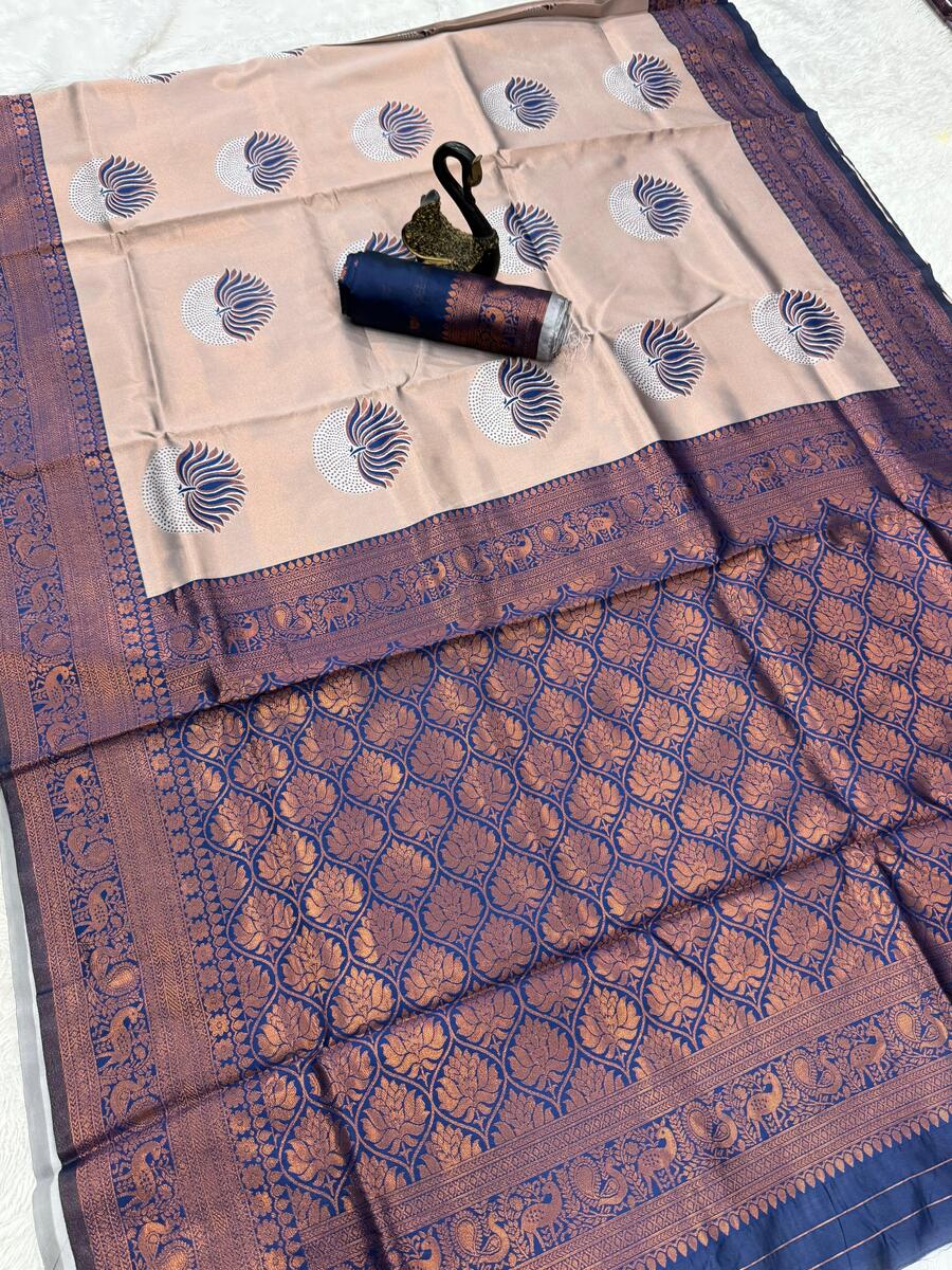 Invaluable Beige and Blue Soft Silk Saree With Scrumptious Blouse Piece