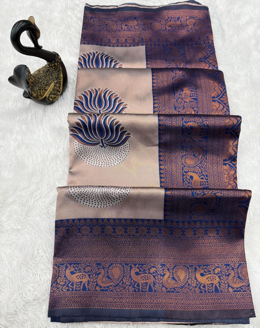 Invaluable Beige and Blue Soft Silk Saree With Scrumptious Blouse Piece
