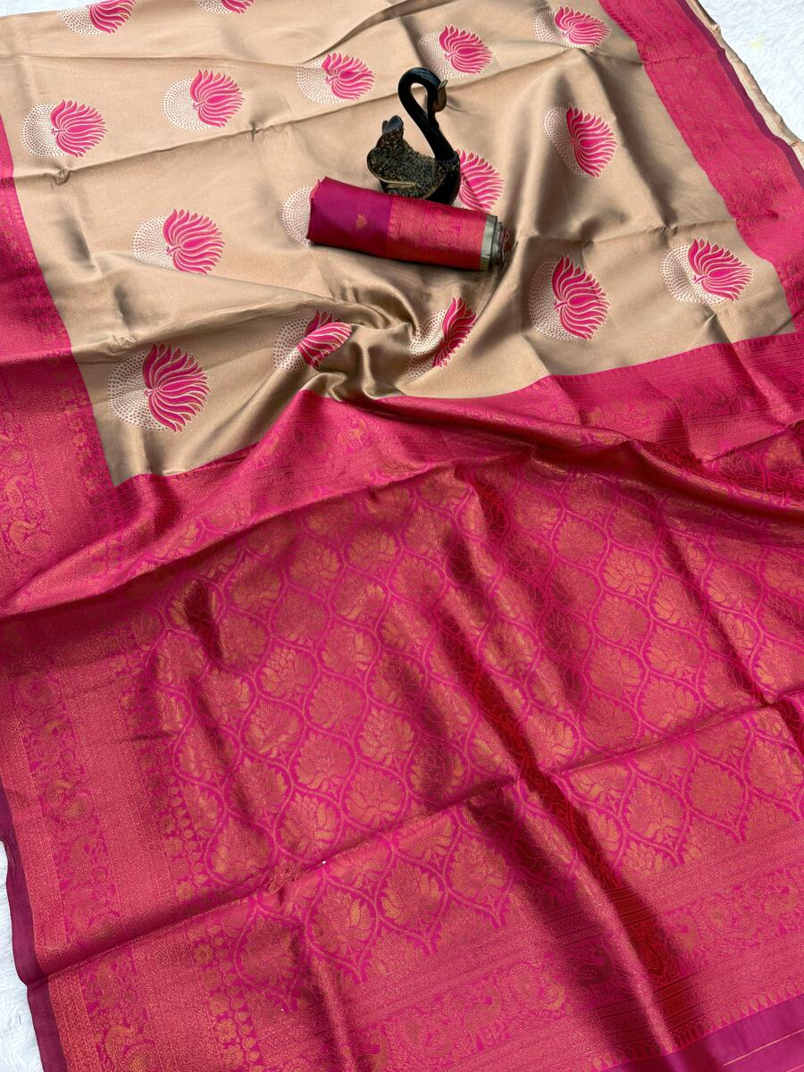 Stunning Beige and Dark Pink Soft Silk Saree With Fairytale Blouse Piece