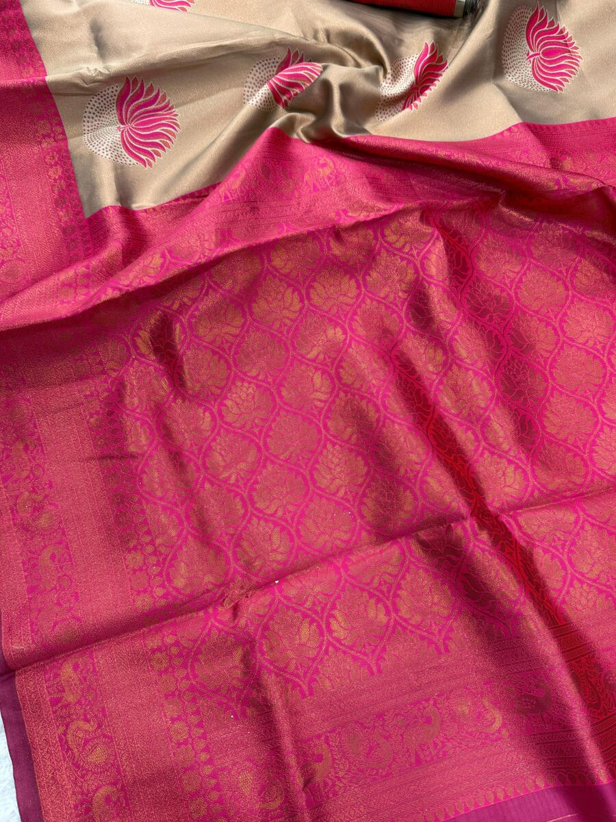 Stunning Beige and Dark Pink Soft Silk Saree With Fairytale Blouse Piece