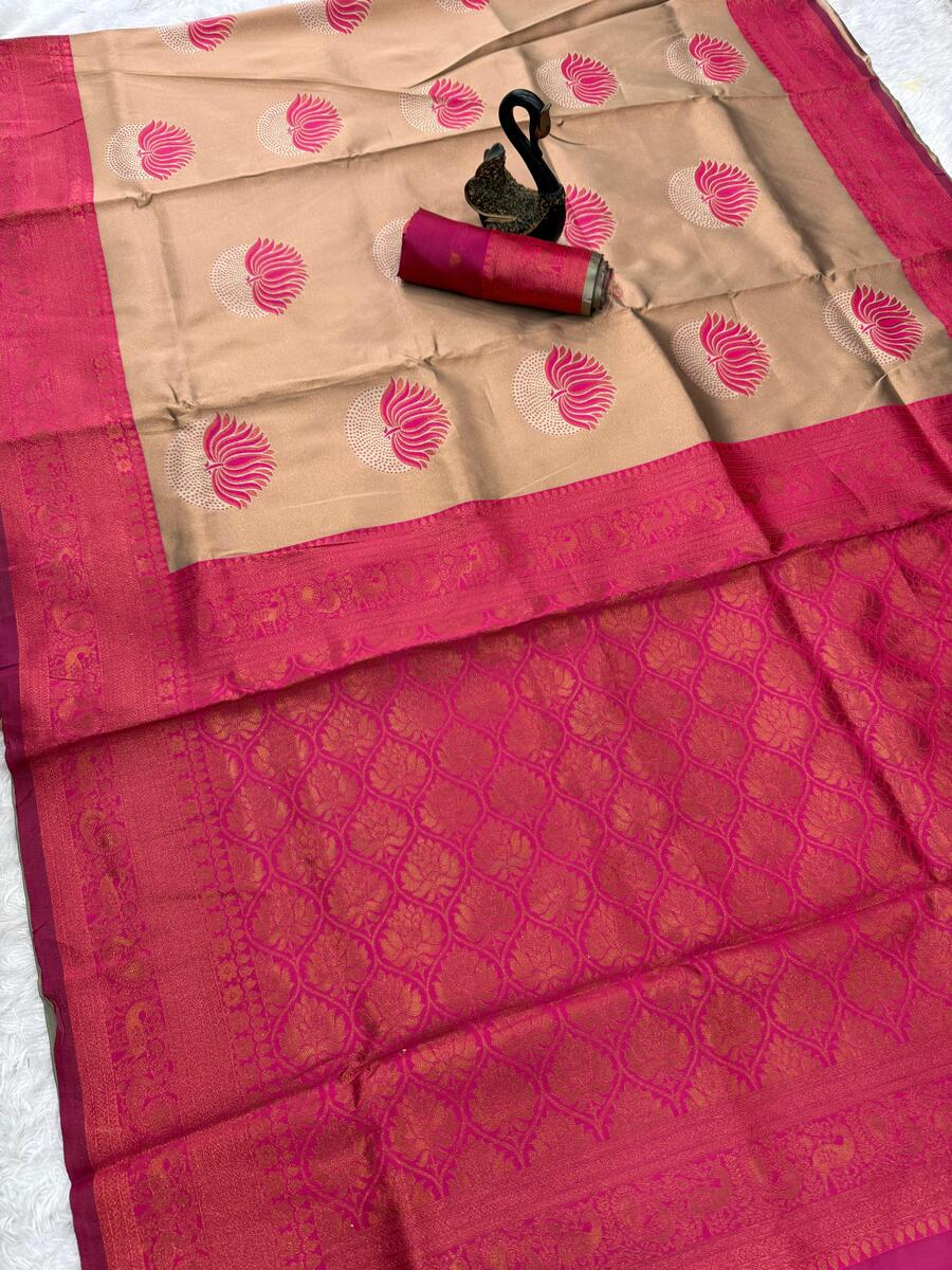 Stunning Beige and Dark Pink Soft Silk Saree With Fairytale Blouse Piece