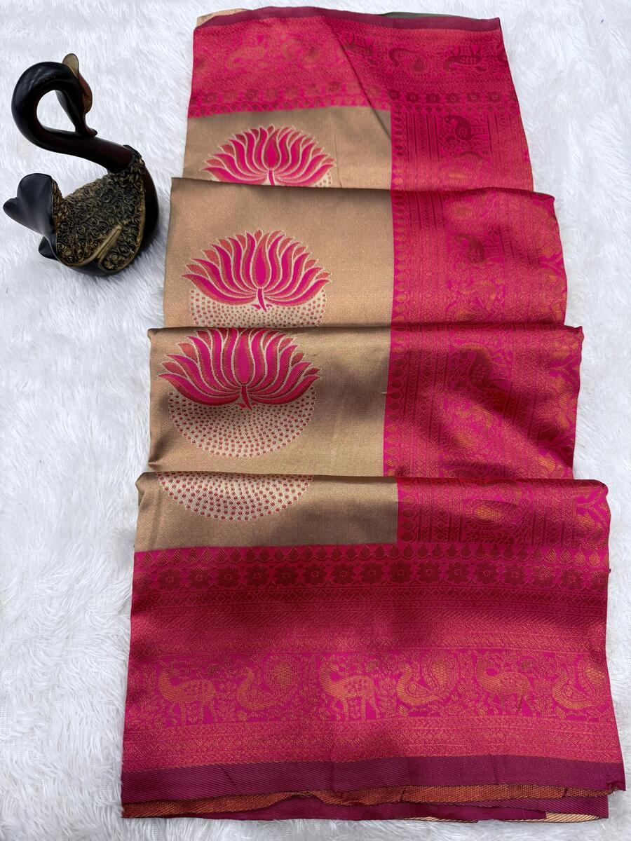 Stunning Beige and Dark Pink Soft Silk Saree With Fairytale Blouse Piece