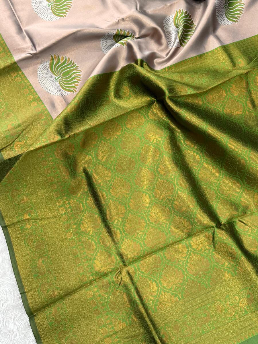 Forbearance Beige and Green Soft Silk Saree With Appealing Blouse Piece