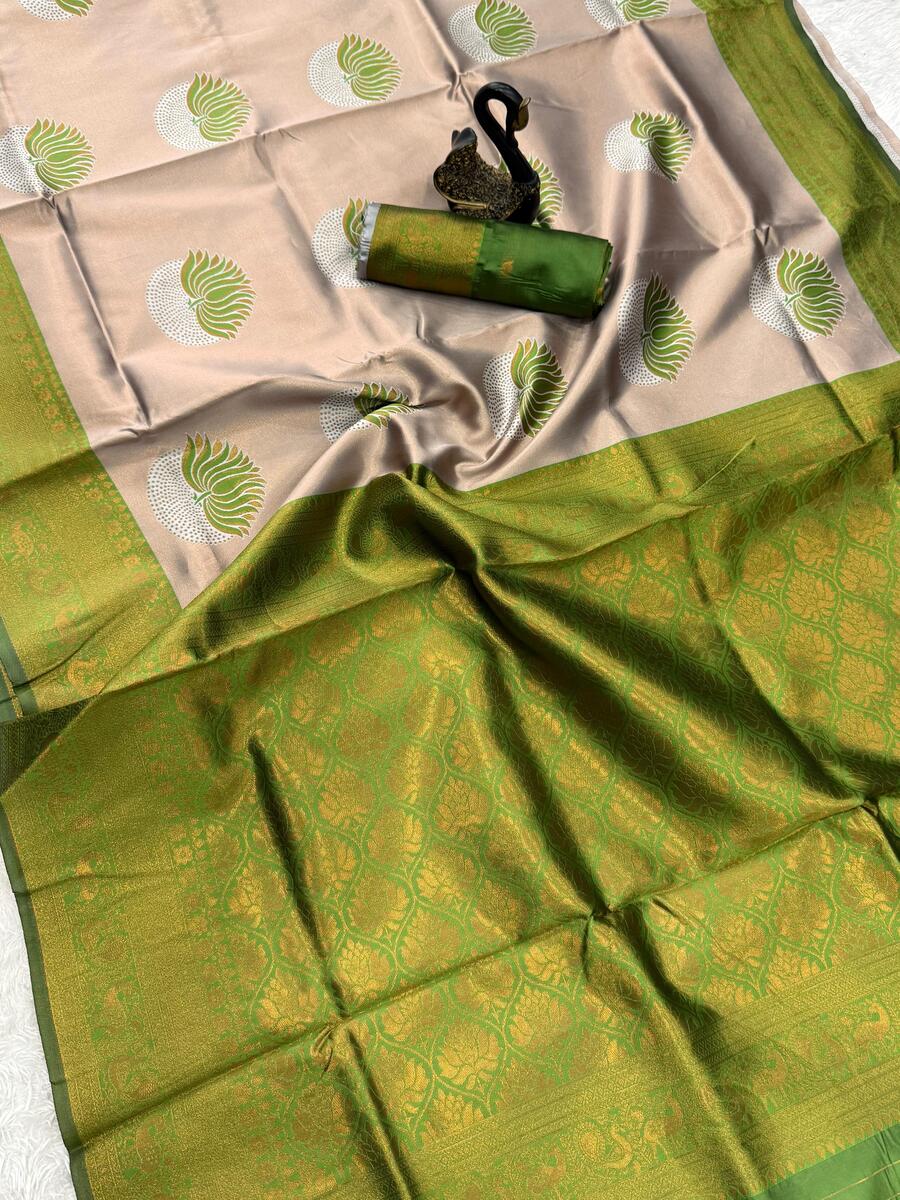Forbearance Beige and Green Soft Silk Saree With Appealing Blouse Piece