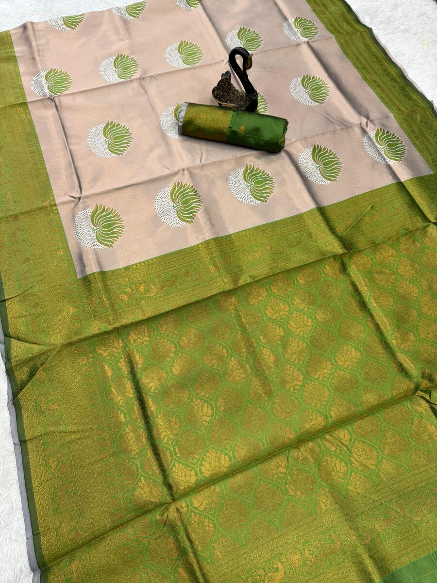Forbearance Beige and Green Soft Silk Saree With Appealing Blouse Piece