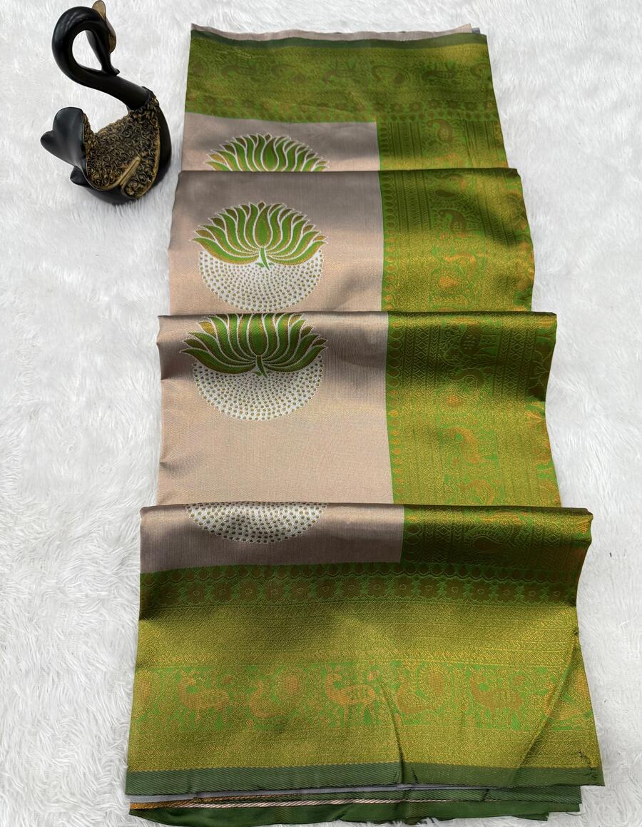 Forbearance Beige and Green Soft Silk Saree With Appealing Blouse Piece