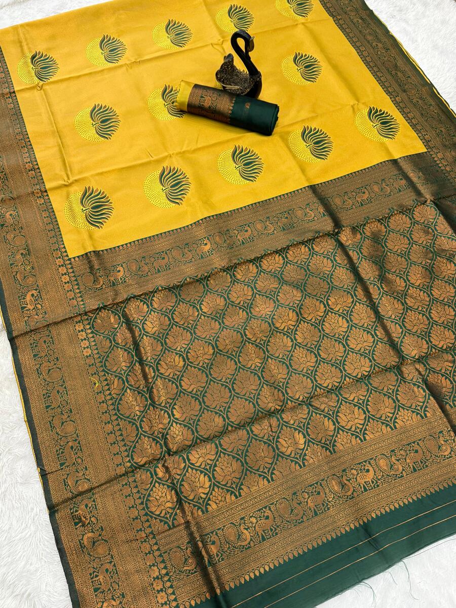 Cynosure Yellow and Green Soft Silk Saree With Artistic Blouse Piece