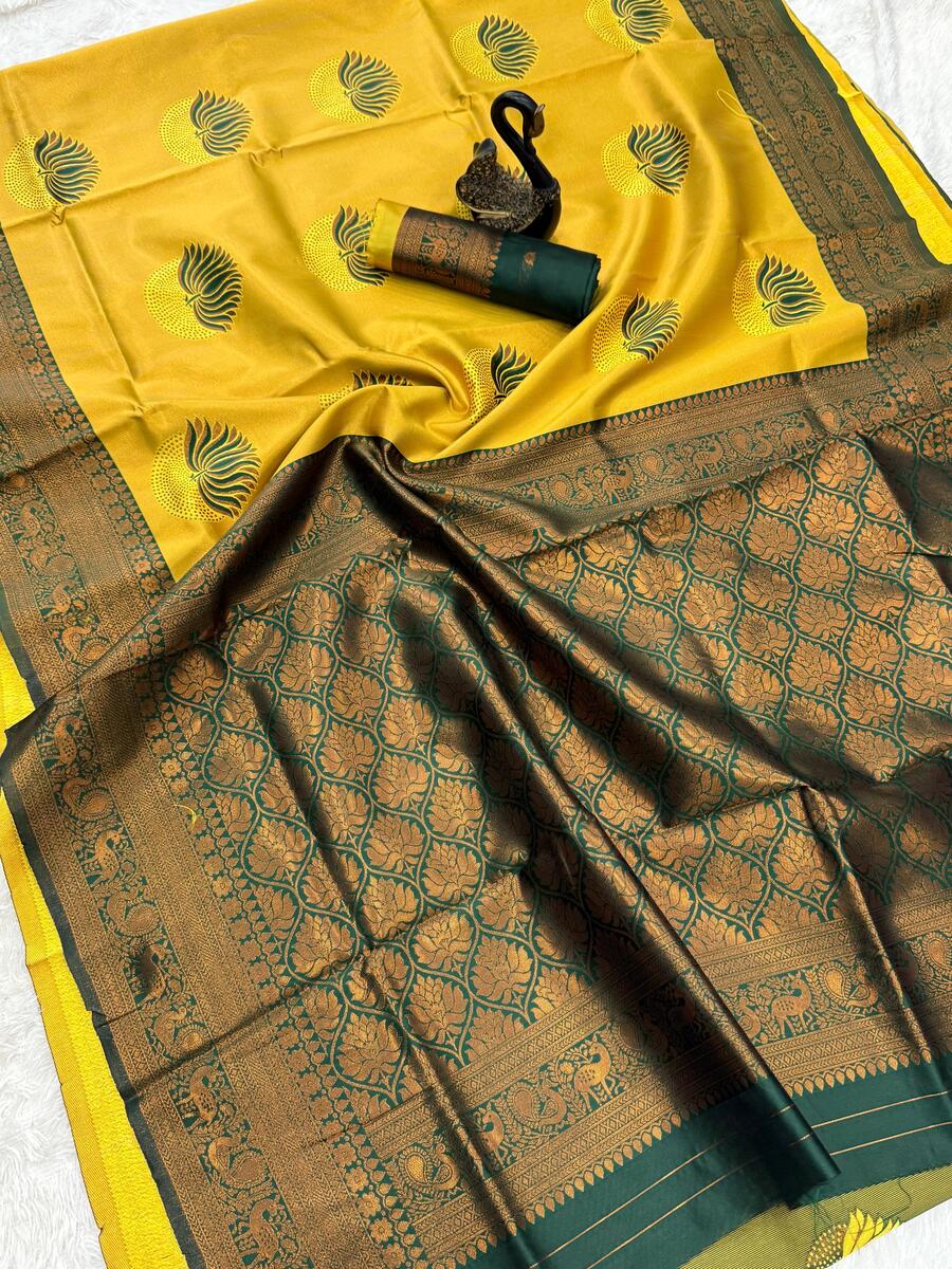 Cynosure Yellow and Green Soft Silk Saree With Artistic Blouse Piece