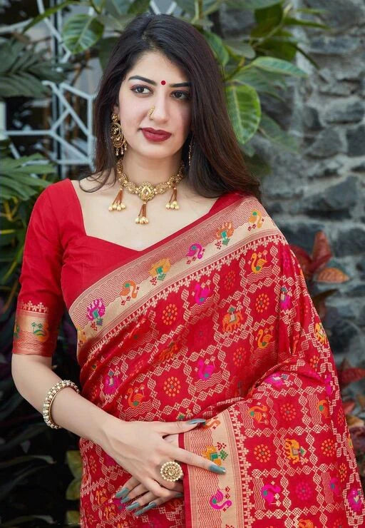 Scintillating Red Soft Banarasi Silk Saree With Redolent Blouse Piece