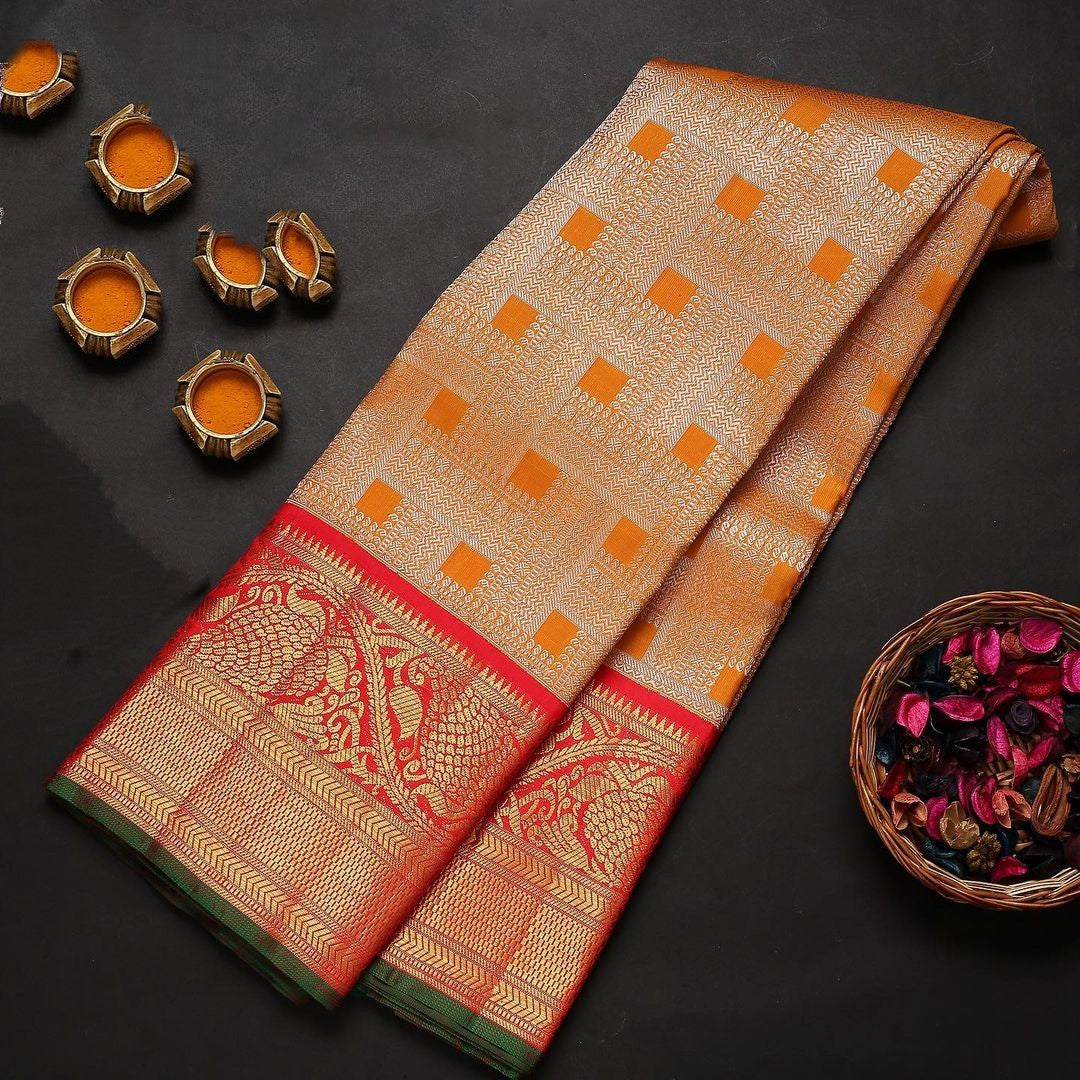 Breathtaking Orange Soft Banarasi Silk Saree With Two Attractive Blouse Piece