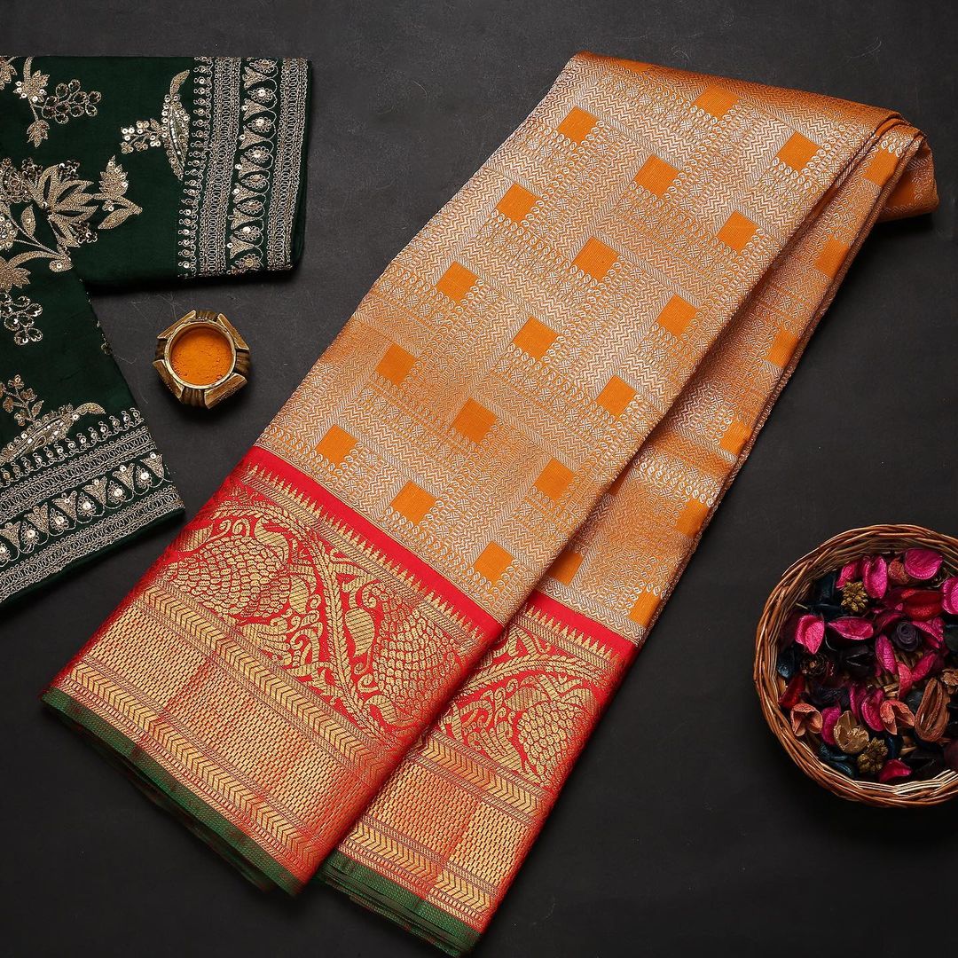 Breathtaking Orange Soft Banarasi Silk Saree With Two Attractive Blouse Piece