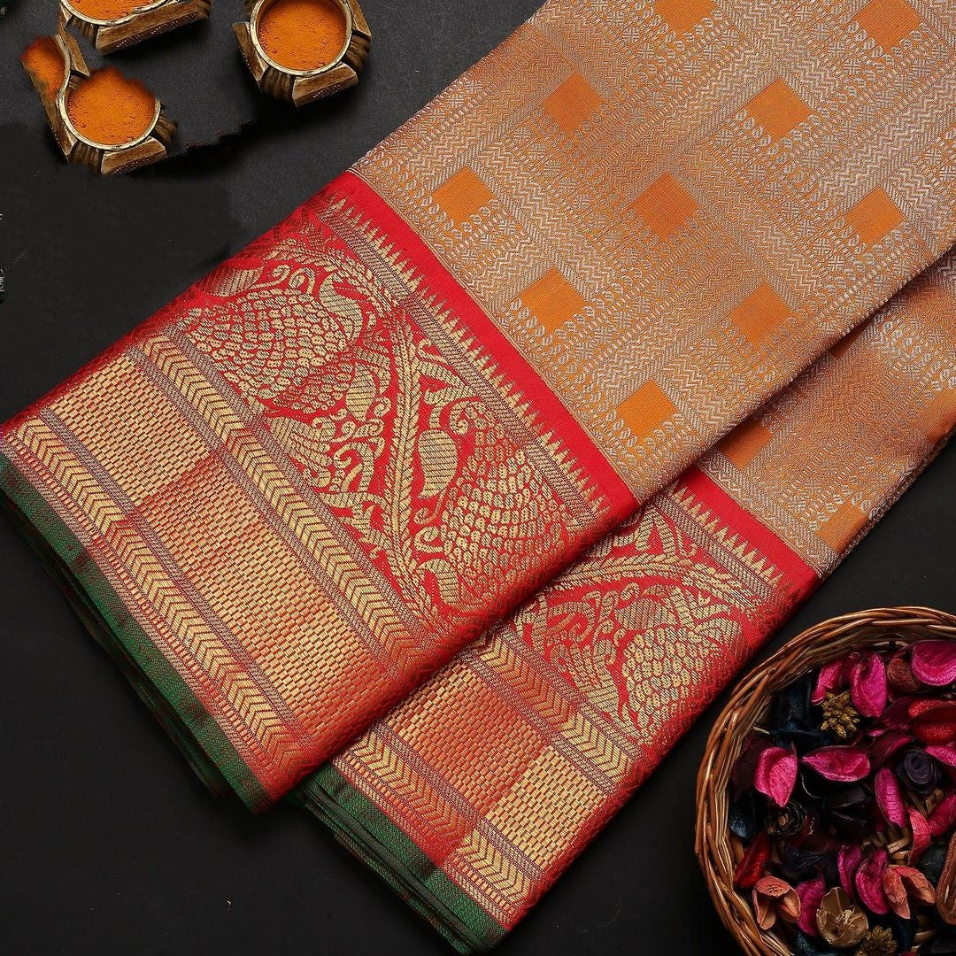 Breathtaking Orange Soft Banarasi Silk Saree With Two Attractive Blouse Piece