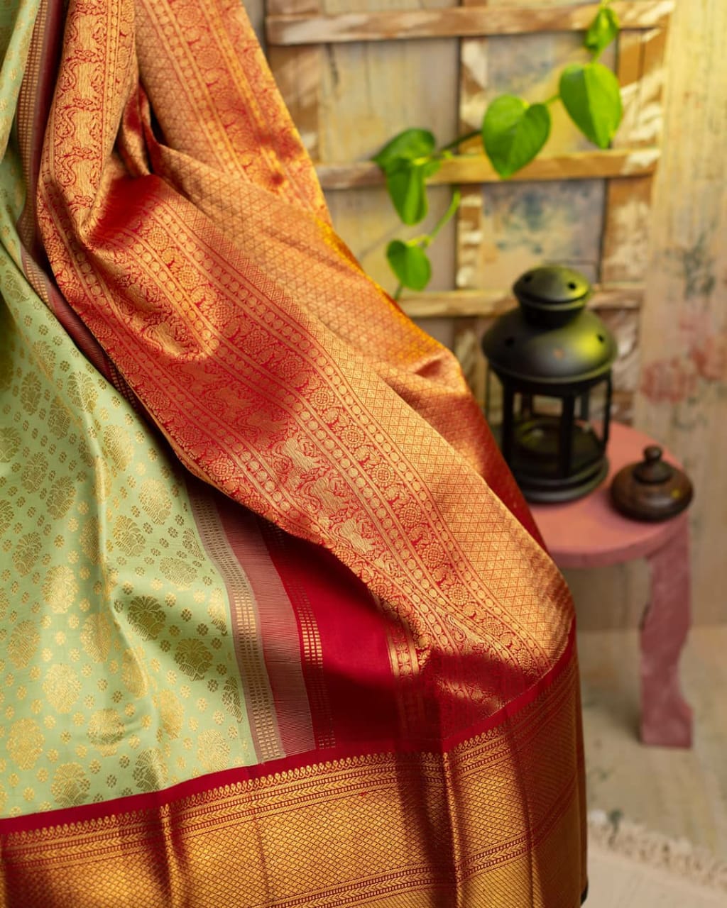 Ethereal Pista Soft Banarasi Silk Saree With Ethnic Blouse Piece