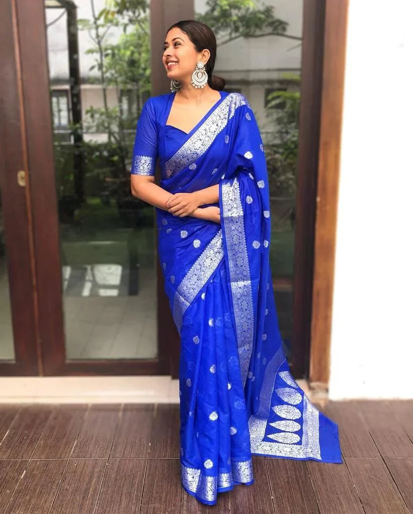 Whimsical Royal Blue Soft Silk Saree With Incomparable Blouse Piece