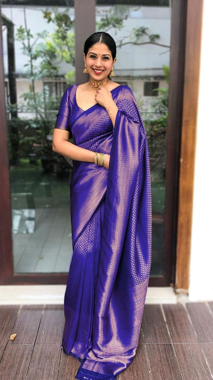 Elaborate Blue Soft Banarasi Silk Saree With Adoring Blouse Piece