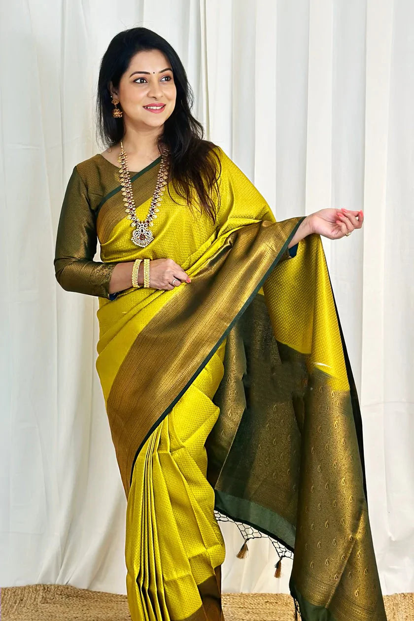 Enamoring Lemon Soft Silk Saree With Inspiring Blouse Piece