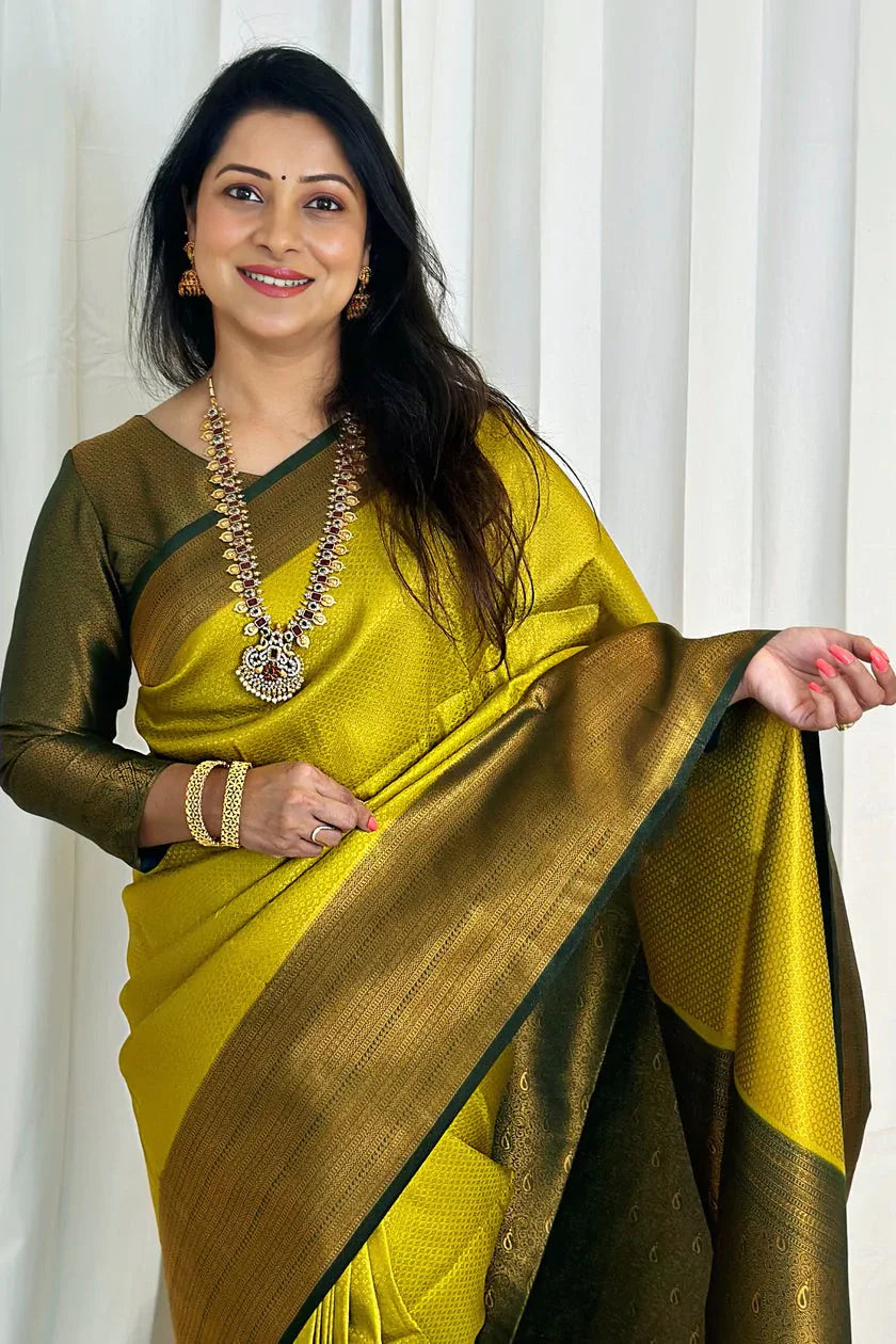 Enamoring Lemon Soft Silk Saree With Inspiring Blouse Piece