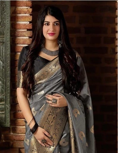 Tempting Grey Banarasi Silk Saree With Panoply Blouse Piece