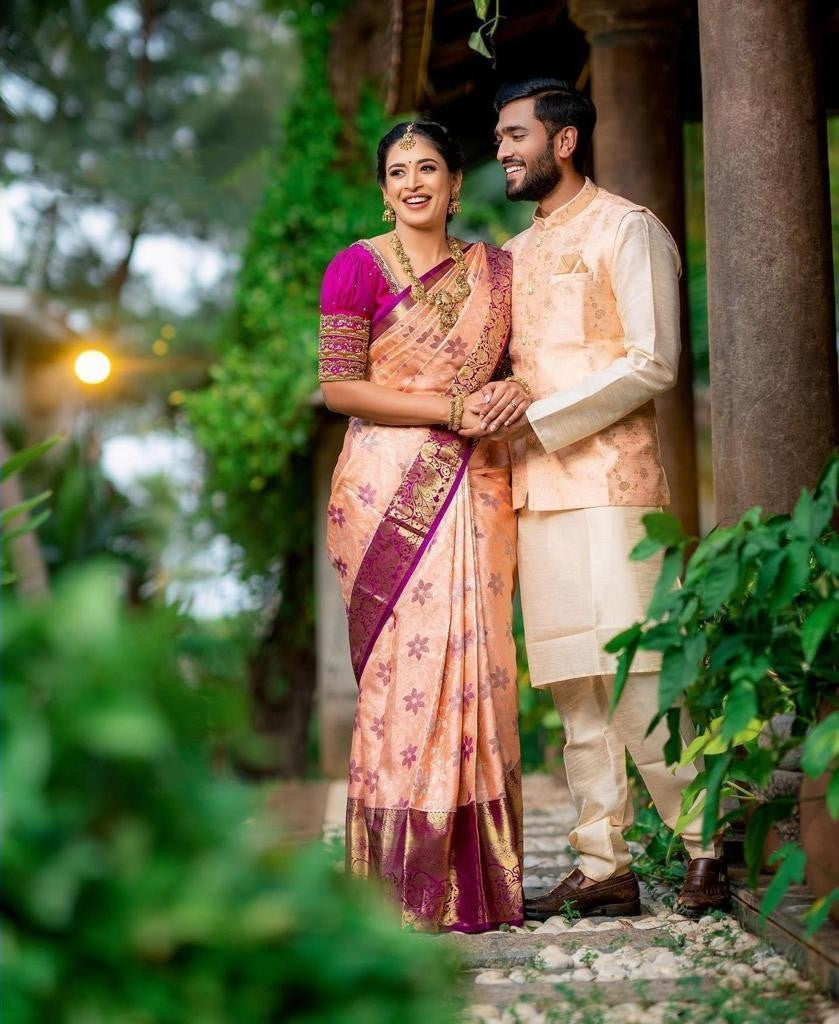 Exceptional Peach Soft Banarasi Silk Saree With Lovely Blouse Piece