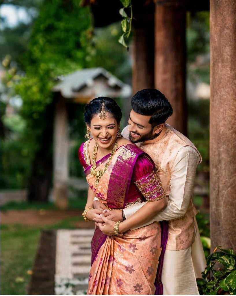 Exceptional Peach Soft Banarasi Silk Saree With Lovely Blouse Piece