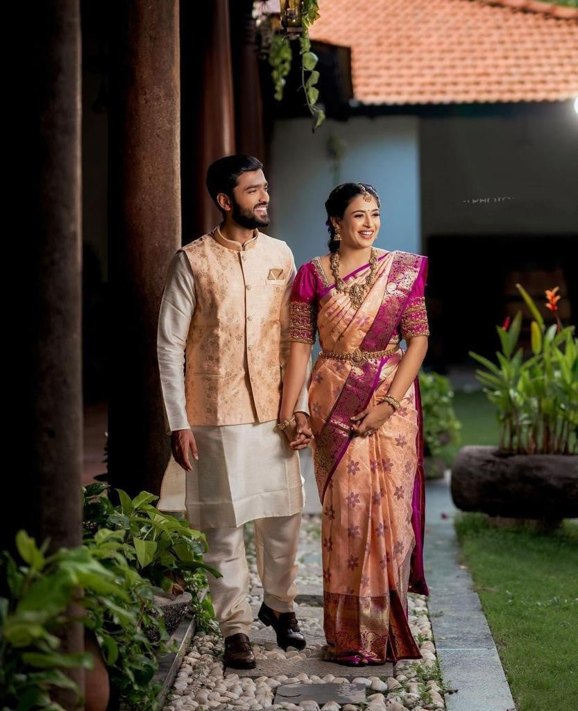 Exceptional Peach Soft Banarasi Silk Saree With Lovely Blouse Piece