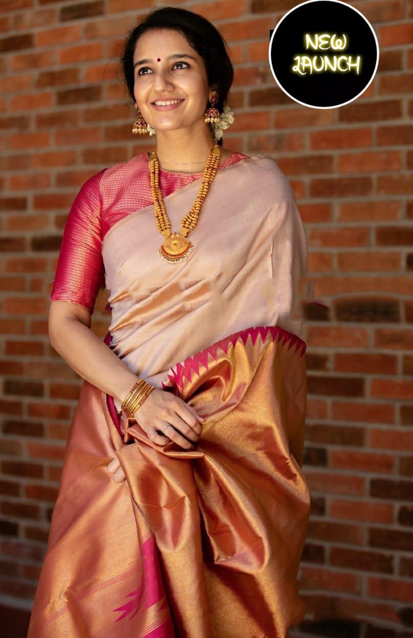 Sonorous Beige Soft Silk Saree With Snazzy Blouse Piece