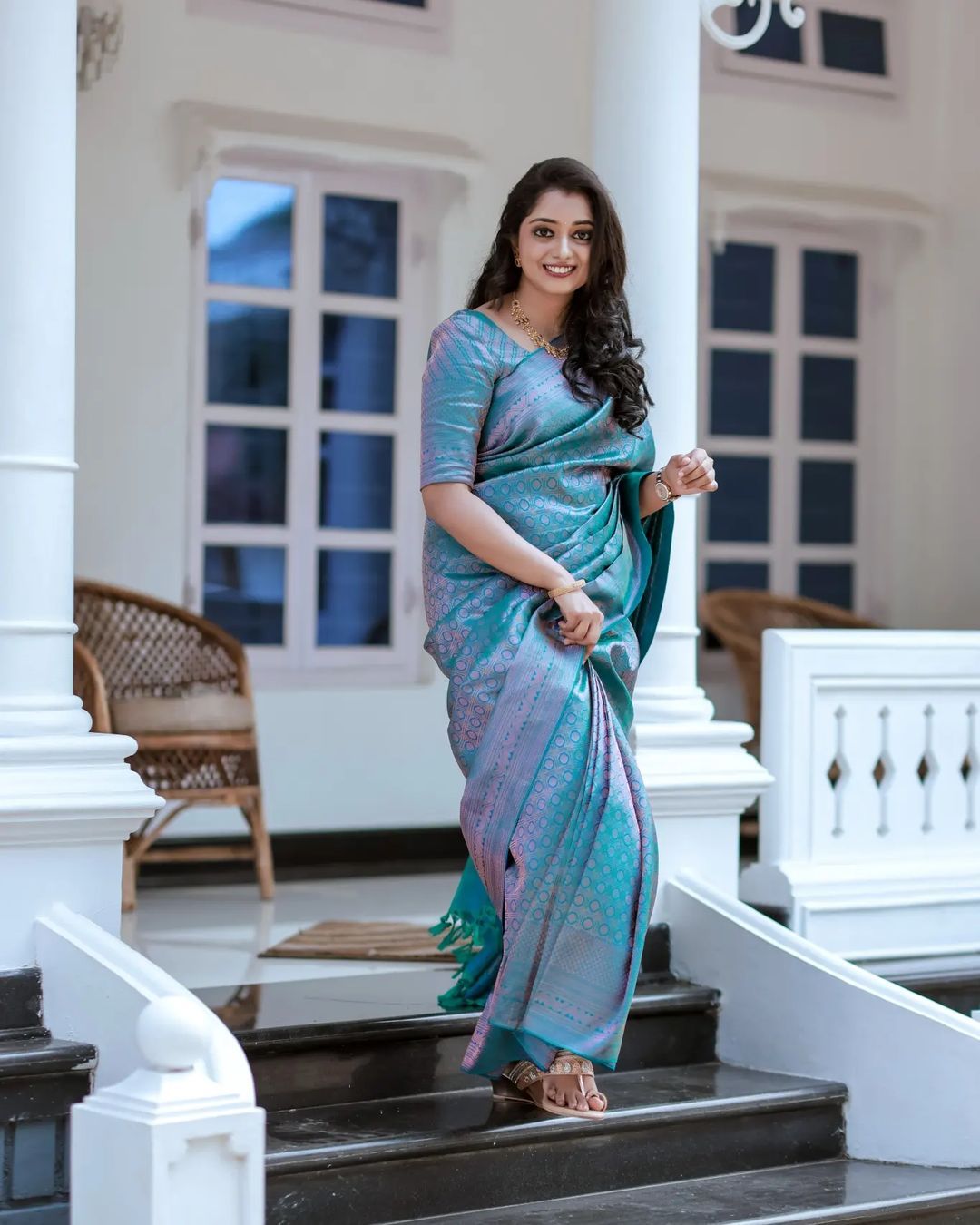 Proficient Firozi Soft Silk Saree With Efflorescence Blouse Piece