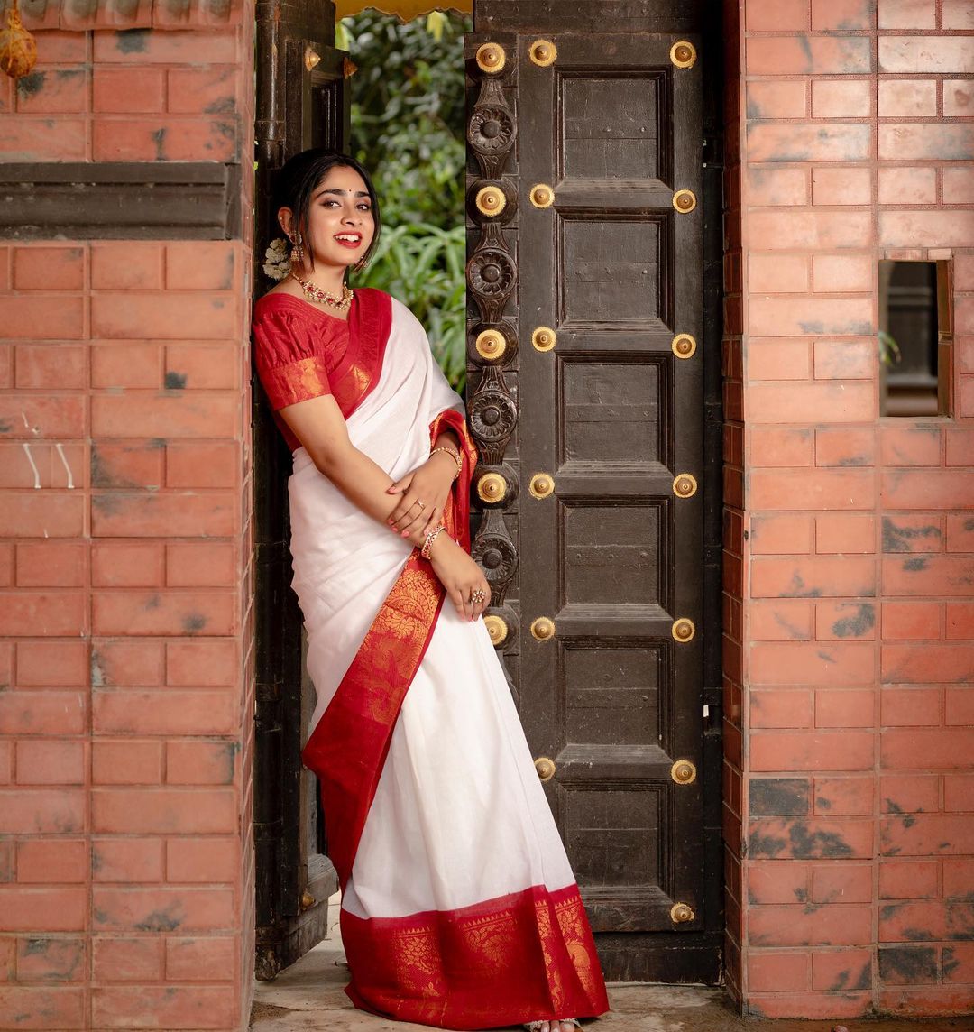 Classic White Soft Silk Saree With Snappy Blouse Piece