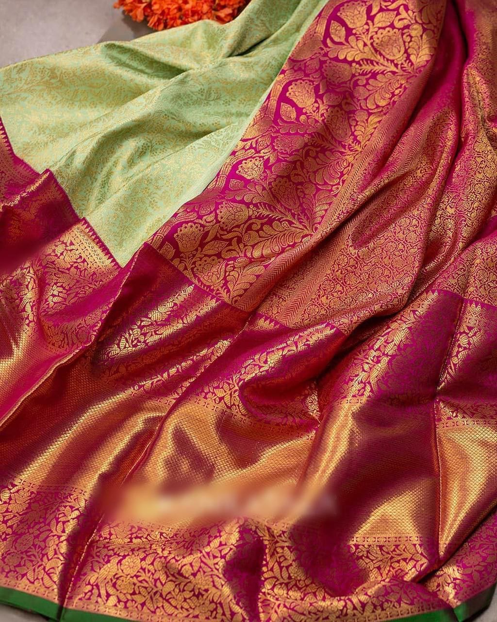 Traditional Pista Soft Banarasi Silk Saree With Surpassing Blouse Piece