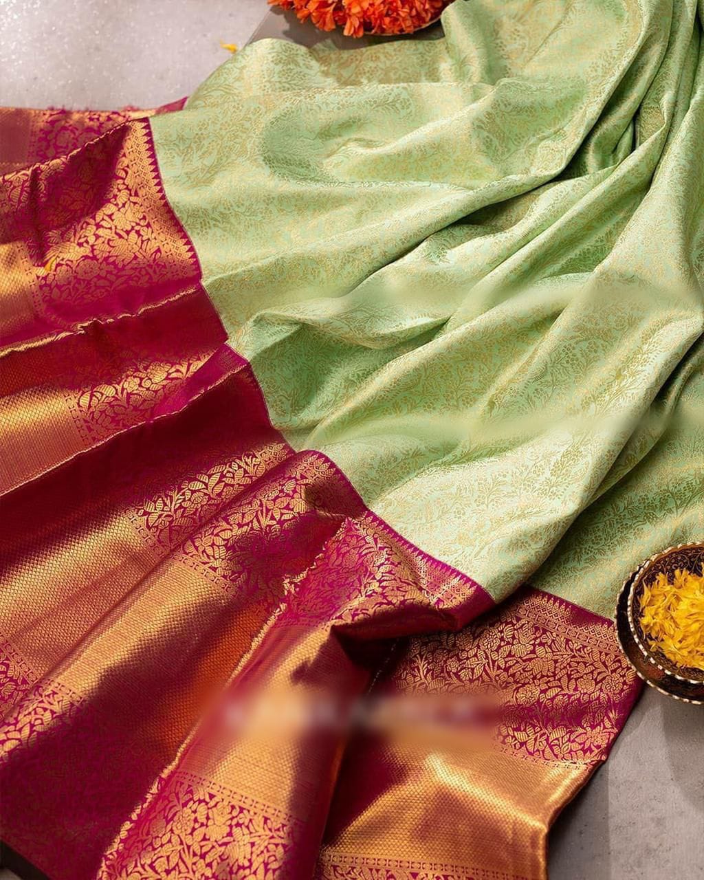 Traditional Pista Soft Banarasi Silk Saree With Surpassing Blouse Piece