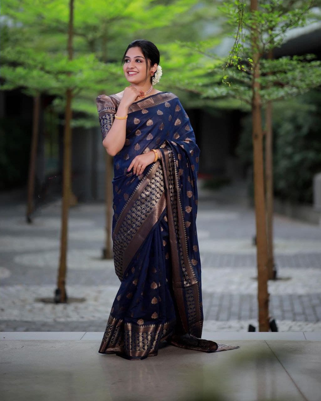 Exquisite Navy Blue Soft Banarasi Silk Saree With Glowing Blouse Piece