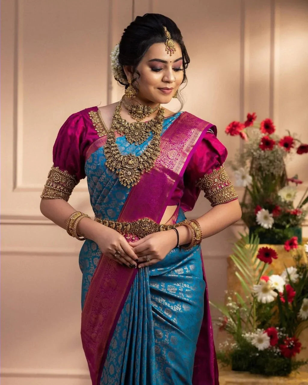 Charismatic Firozi Soft Banarasi Silk Saree With Imaginative Blouse Piece