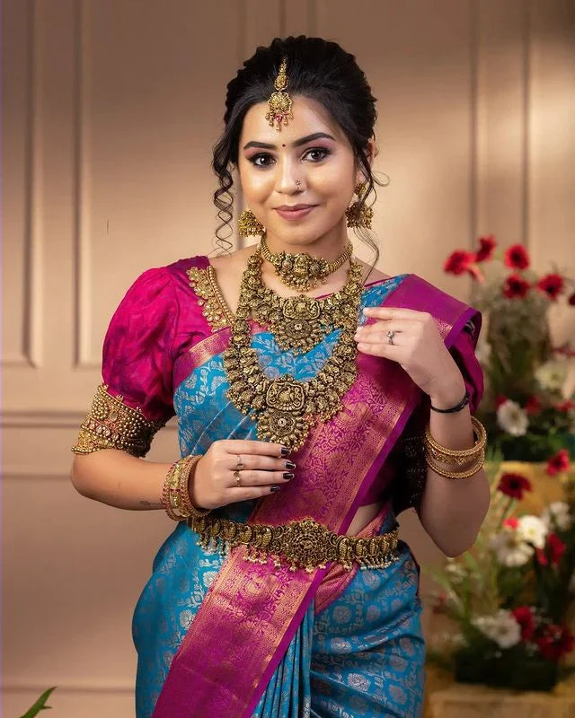 Charismatic Firozi Soft Banarasi Silk Saree With Imaginative Blouse Piece