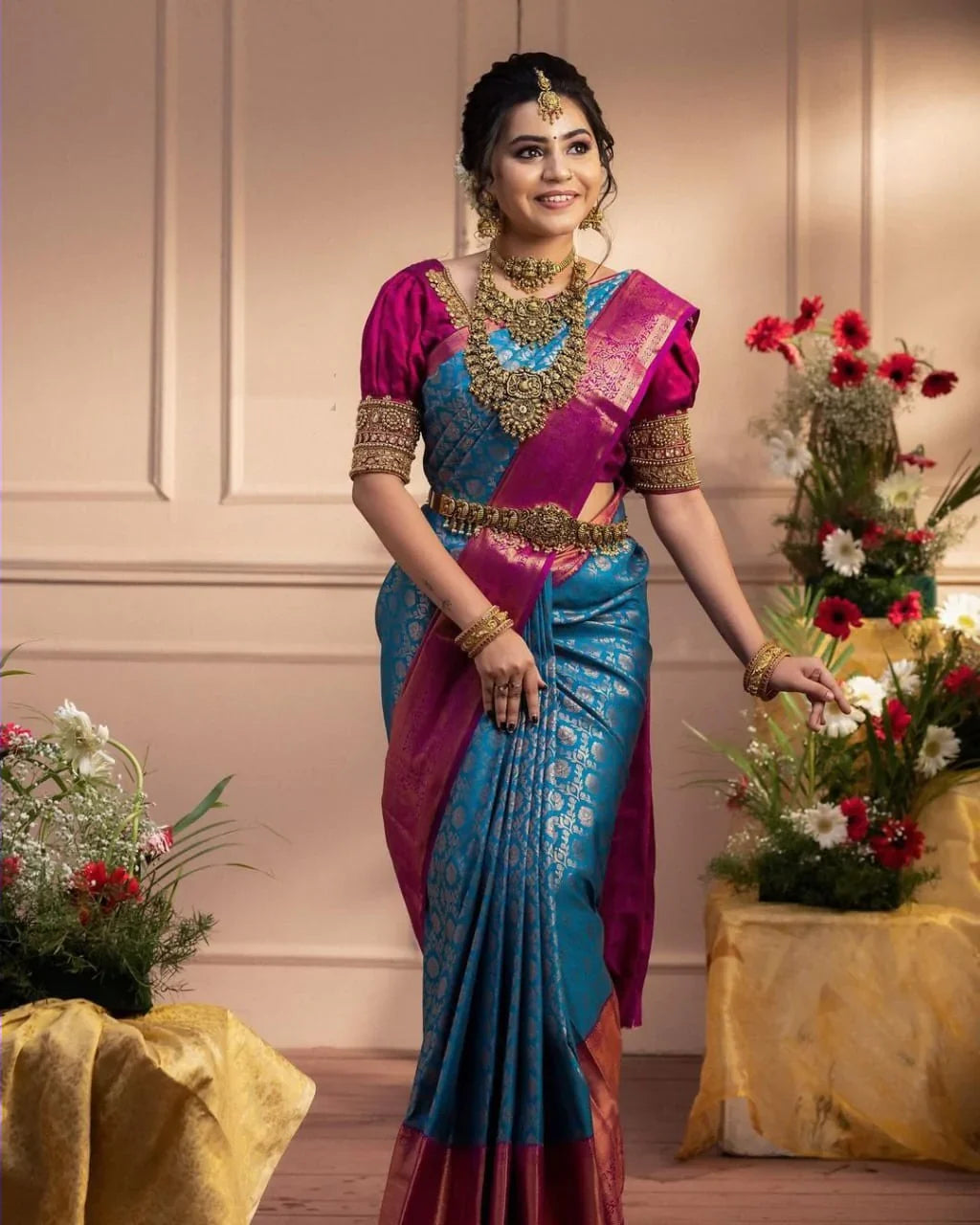 Charismatic Firozi Soft Banarasi Silk Saree With Imaginative Blouse Piece