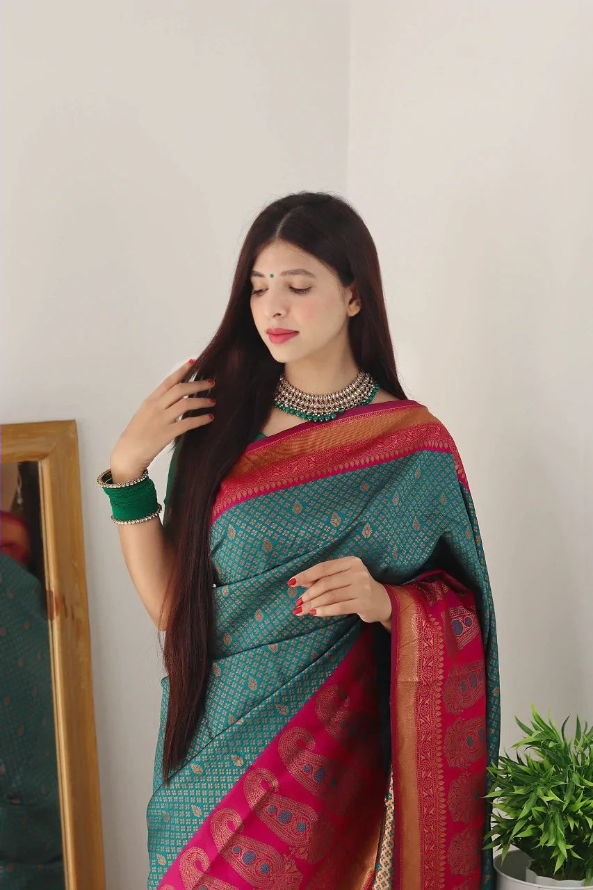 Exquisite Rama Soft Silk Saree With Luxuriant Blouse Piece