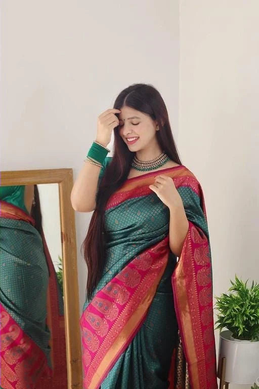 Exquisite Rama Soft Silk Saree With Luxuriant Blouse Piece