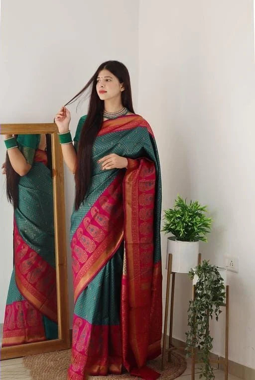 Exquisite Rama Soft Silk Saree With Luxuriant Blouse Piece