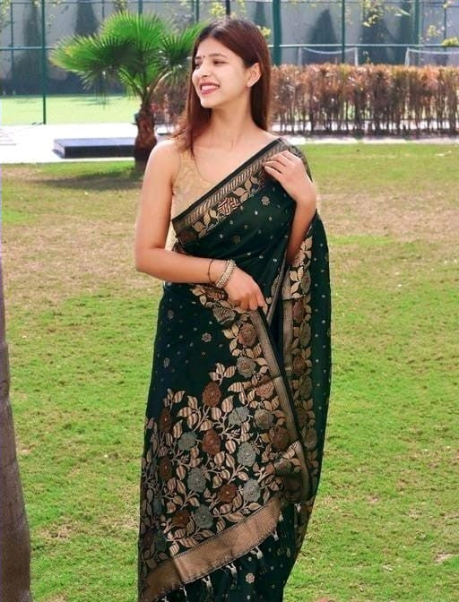 Elision Dark Green Soft Banarasi Silk Saree With Elision Blouse Piece