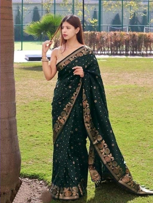 Elision Dark Green Soft Banarasi Silk Saree With Elision Blouse Piece